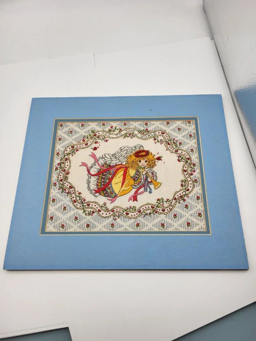 Vintage Herald Angel Embroidered needlepoint picture Textured Joy to the world